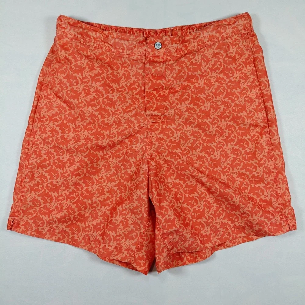 Southern Tide Skipjack Water Shorts Mens Medium Orange Fish Print Swim Trunks
